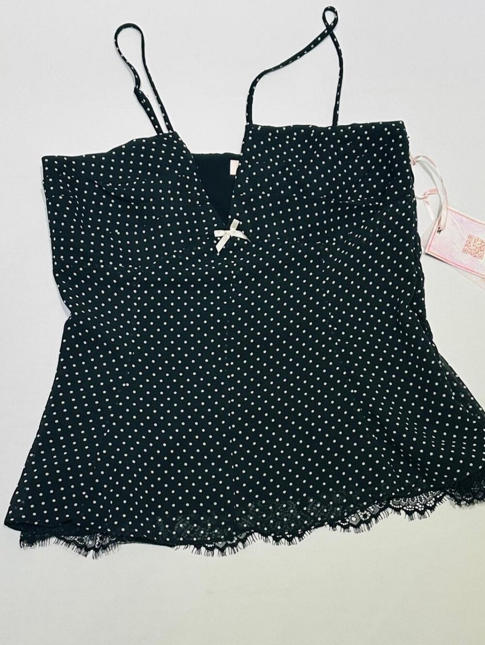 Black Polka Dot Lace-Trim Camisole with Bow Detail